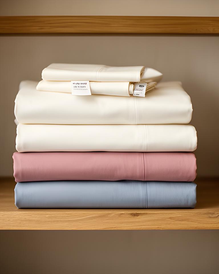 Stack of folded ivory and rose cotton sheets on an oak shelf with fabric labels