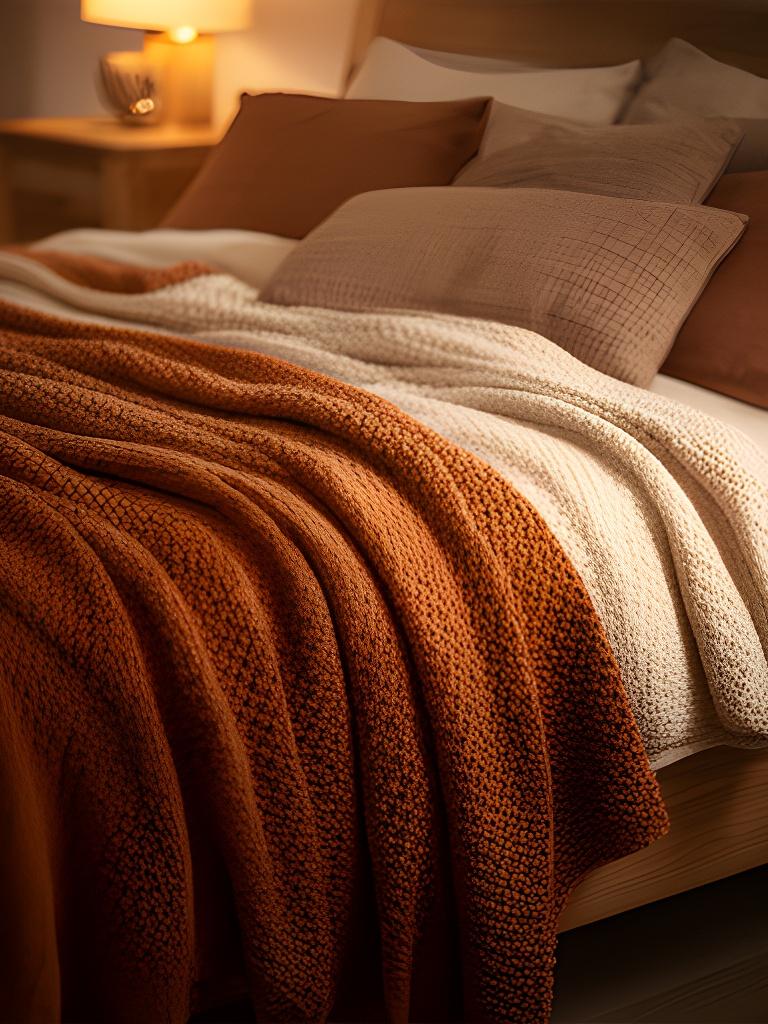 Warm textured blanket layered over oatmeal bedding in a cosy bedroom