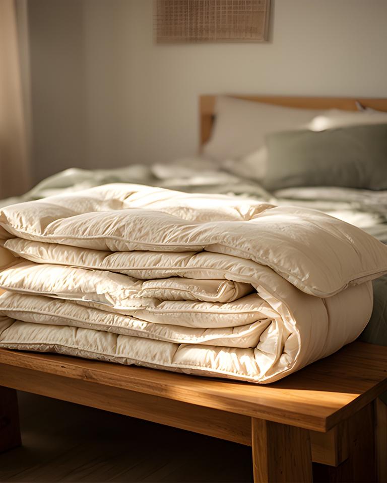 Wool-filled duvet folded on a wooden bench at the end of a quiet bedroom
