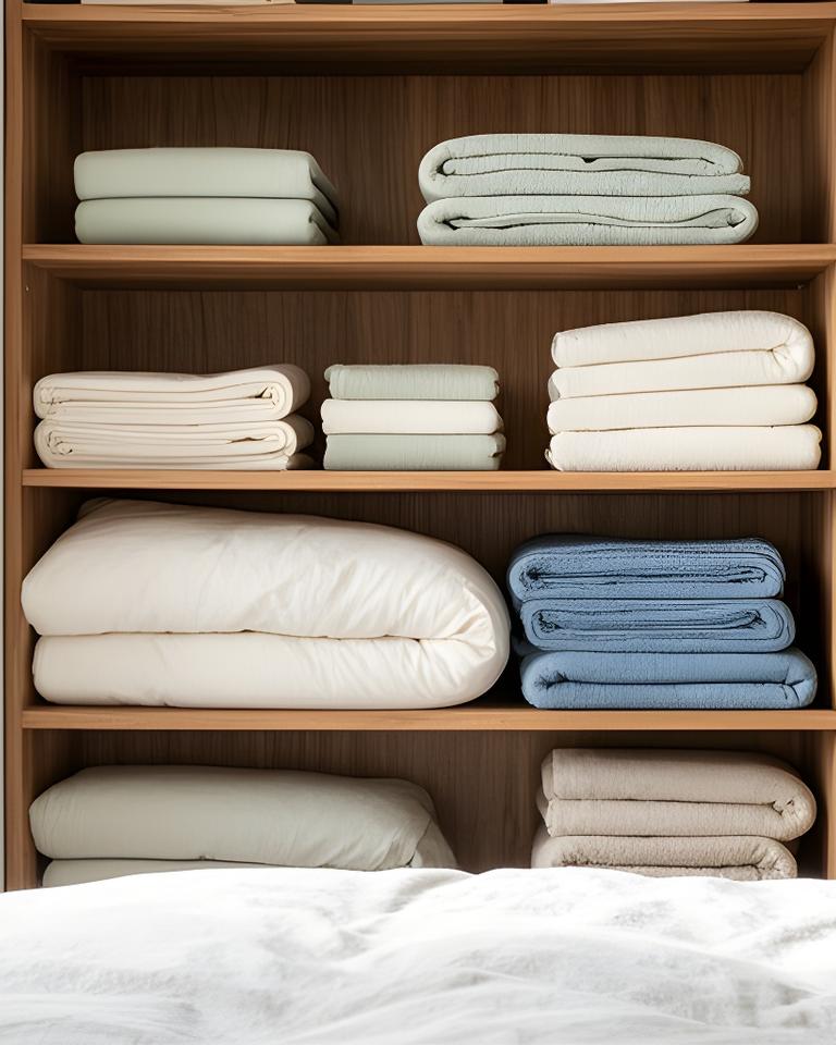 Freshly folded bedding stored neatly on open wooden shelves in a bedroom