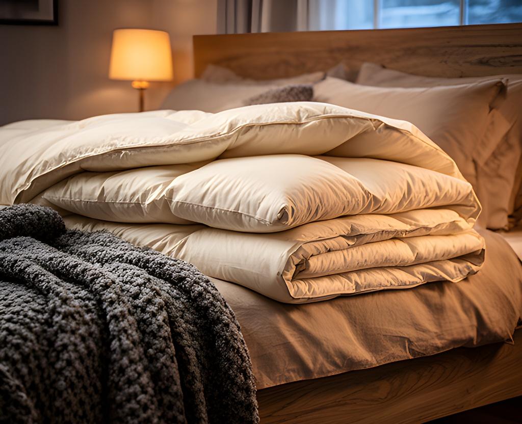 Deep winter duvet folded on a warm-toned bed with a knitted blanket