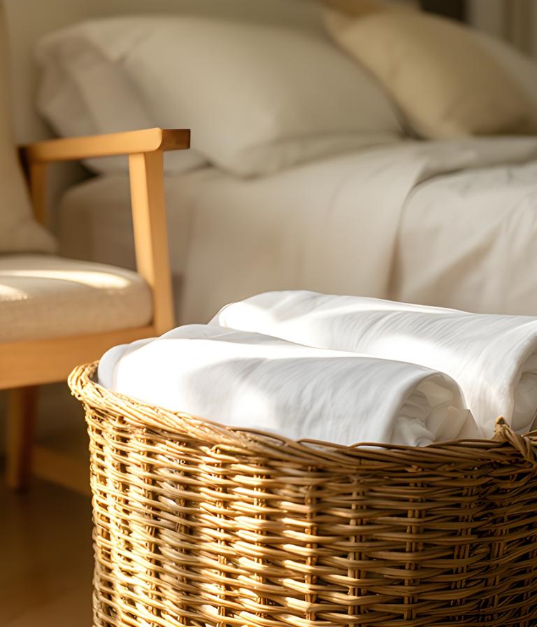 Woven laundry basket holding clean white bedding beside a sunlit bedroom chair