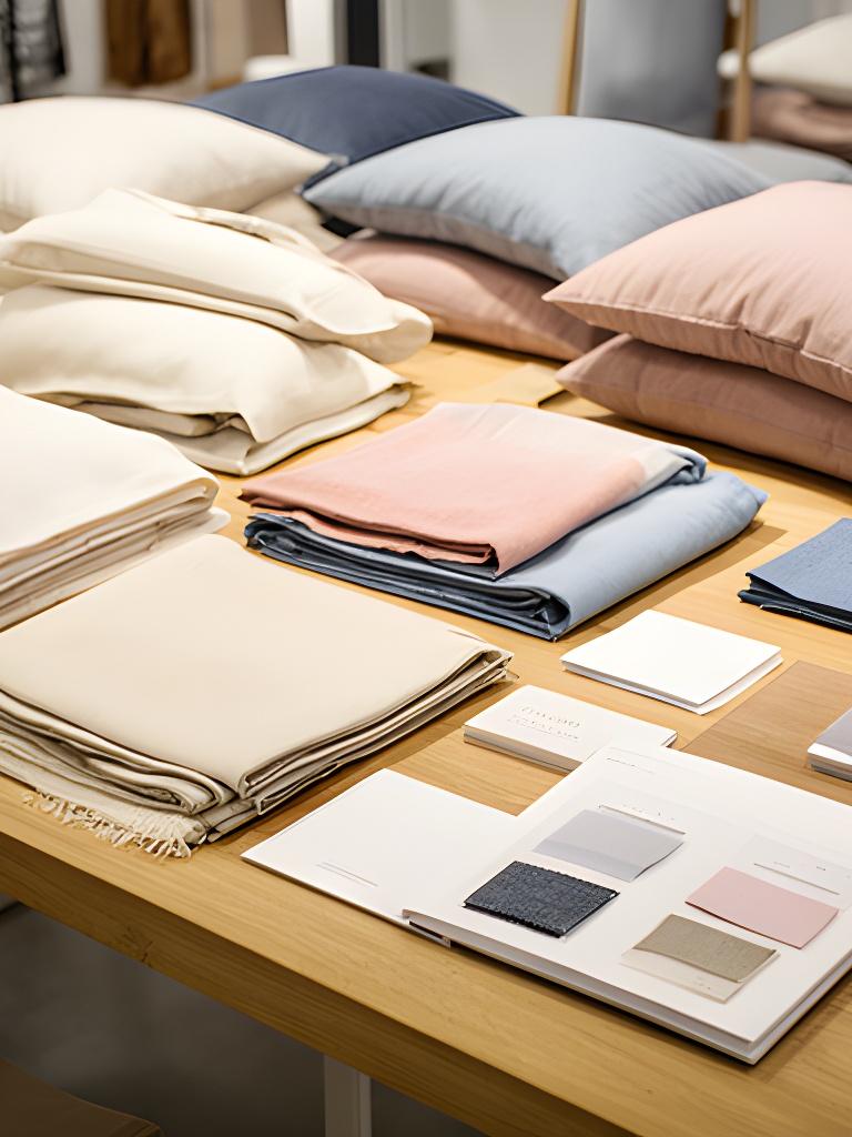 Showroom table covered with folded fabric swatches, pillow samples and handwritten product notes