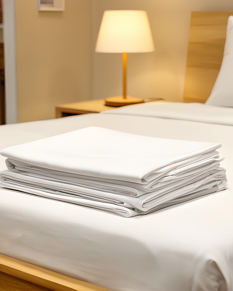 Crisp white cotton sheets folded on a wooden showroom bed beside a bedside lamp