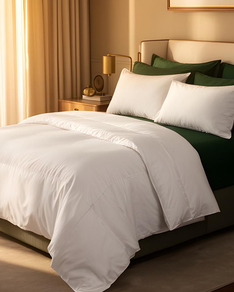 Luxury white duvet draped over a deep green bed in a welcoming bedroom