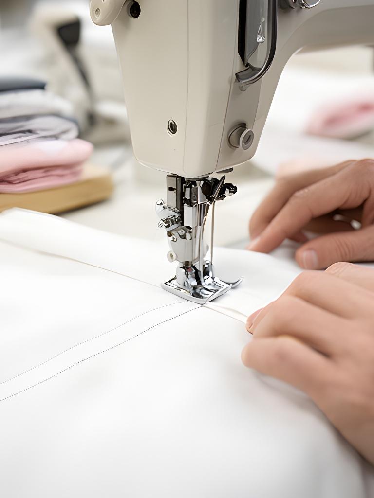 Close view of white cotton being stitched on a sewing machine in a tidy Derry bedding workshop
