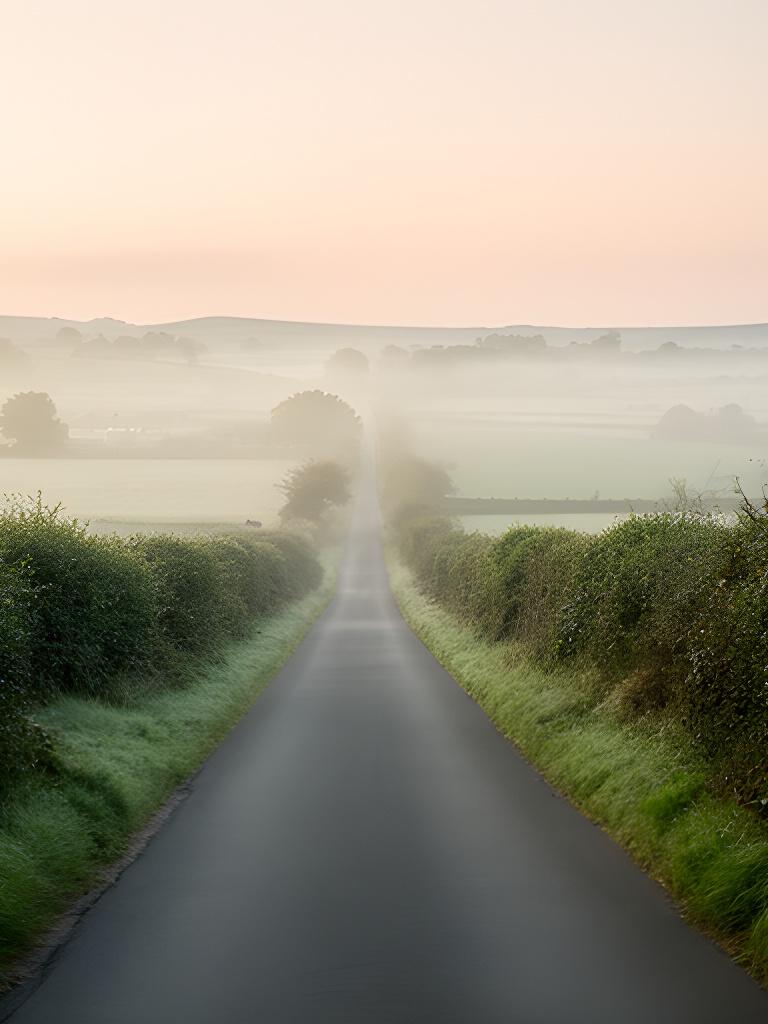 Quiet Tullymore Road near Derry in soft morning light with hedgerows and open fields