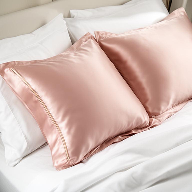 Pair of satin pillowcases in blush pink arranged on crisp white bedding