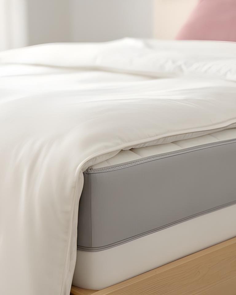 Close detail of a supportive mattress edge beneath a clean white duvet in a bright room