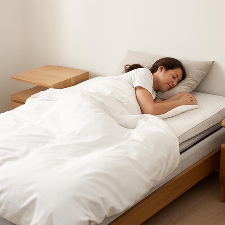 Back sleeper on a neutral mattress with a neat white duvet and low bedside table