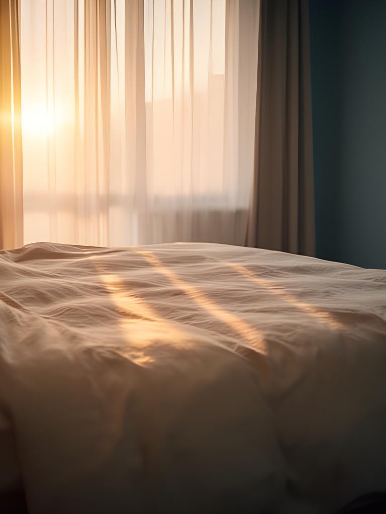 Sunrise falling across a made bed with a soft duvet and pale cotton sheets