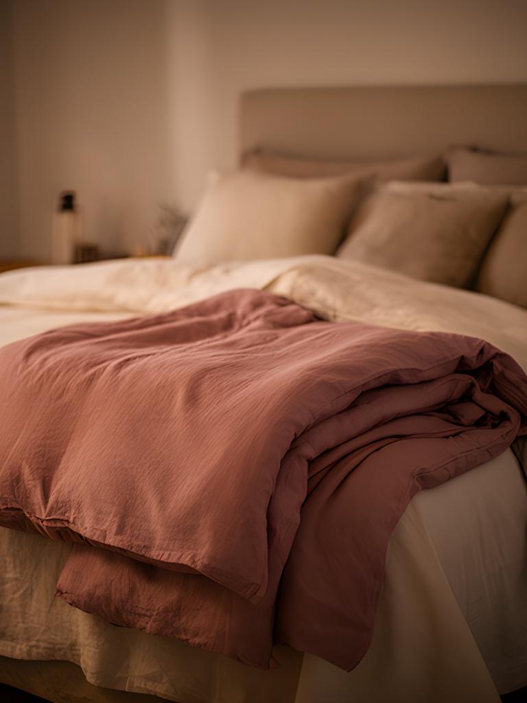 Brushed cotton duvet in muted rose folded at the foot of a softly lit bed
