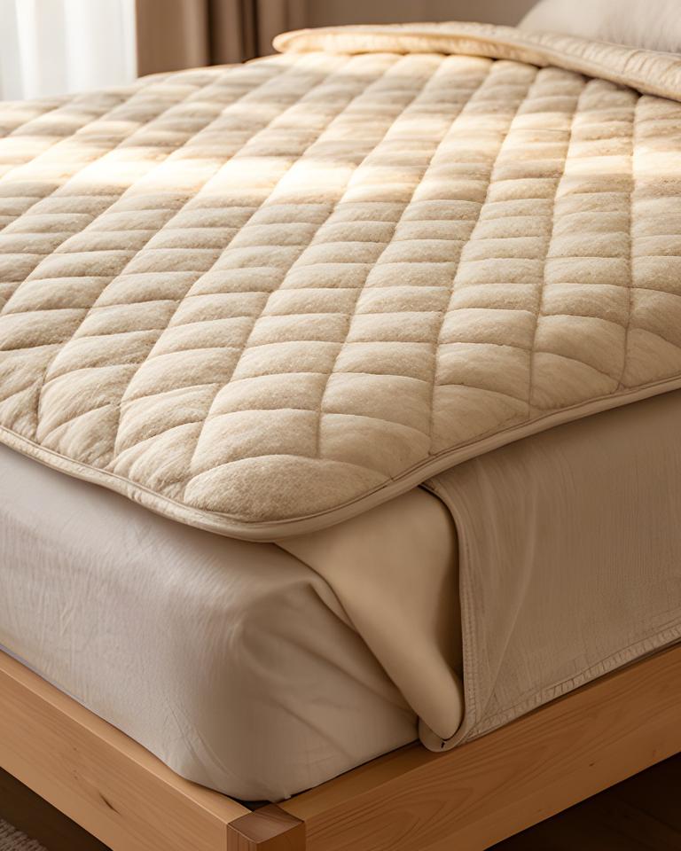 Quilted wool mattress protector spread over a natural cotton bed base