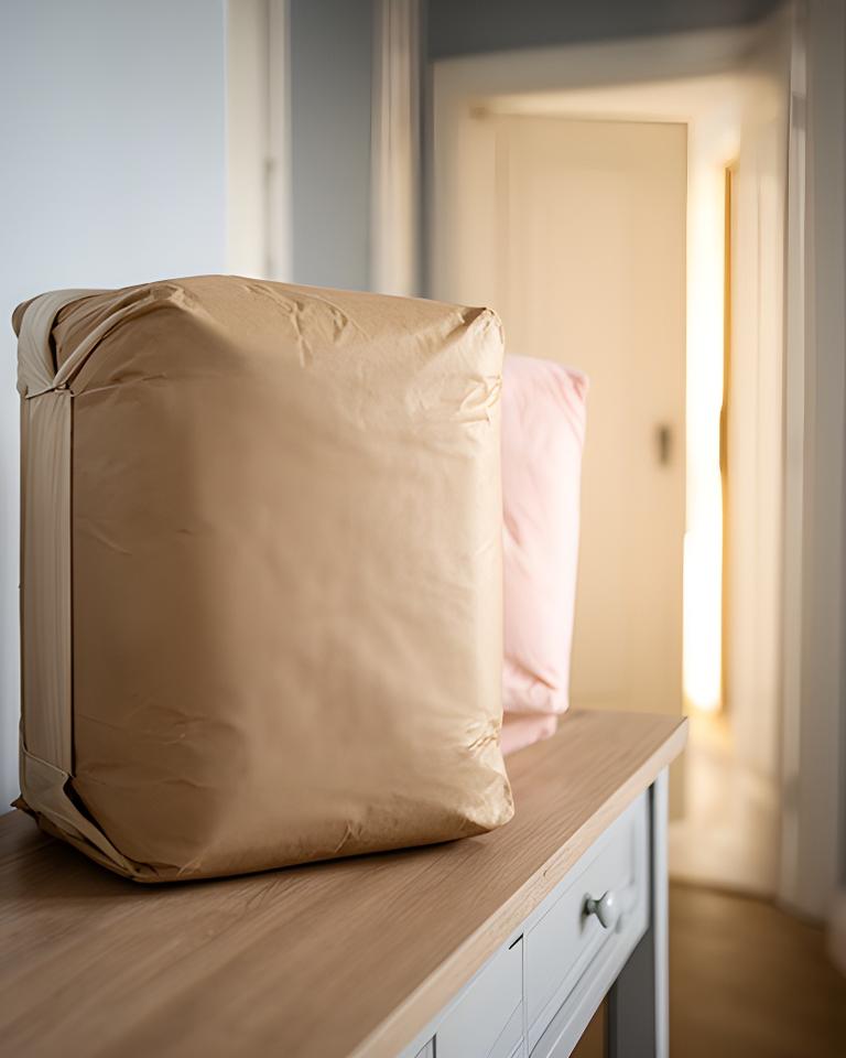Carefully packed bedding parcel on a hallway table ready for delivery